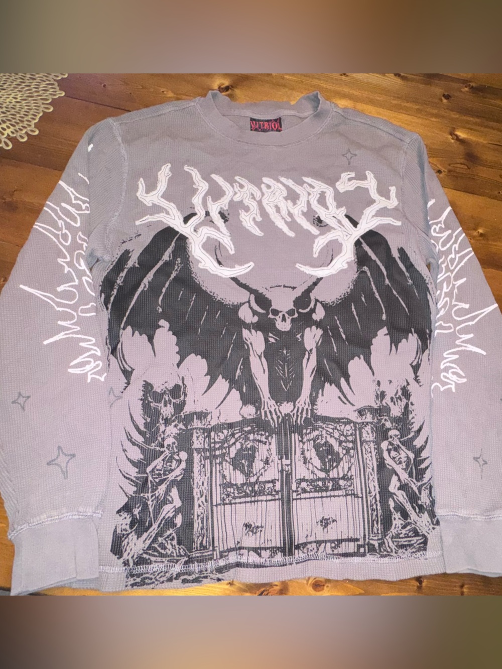 Vitriol Gothic Skull Wings Thermal Long Sleeve Shirt Gray Size Small Y2K